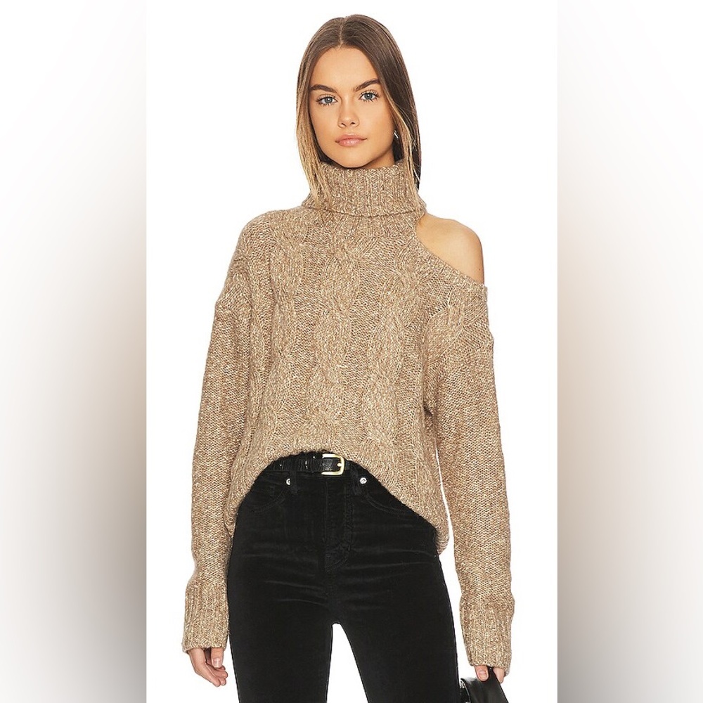 Veronica Beard Selleck Sweater Gold Size M Cable Knit Wool Cut Out Turtleneck